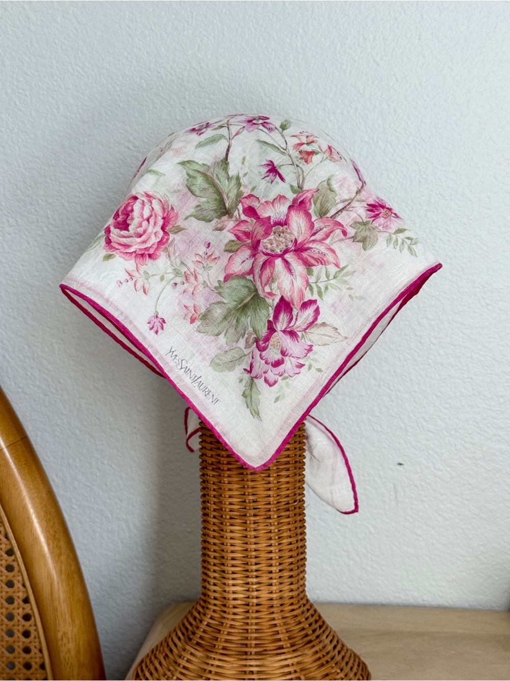 Vintage YSL Romantic Pink Floral Rose Cotton Bandana Scarf Made in Japan - Picture 4 of 9